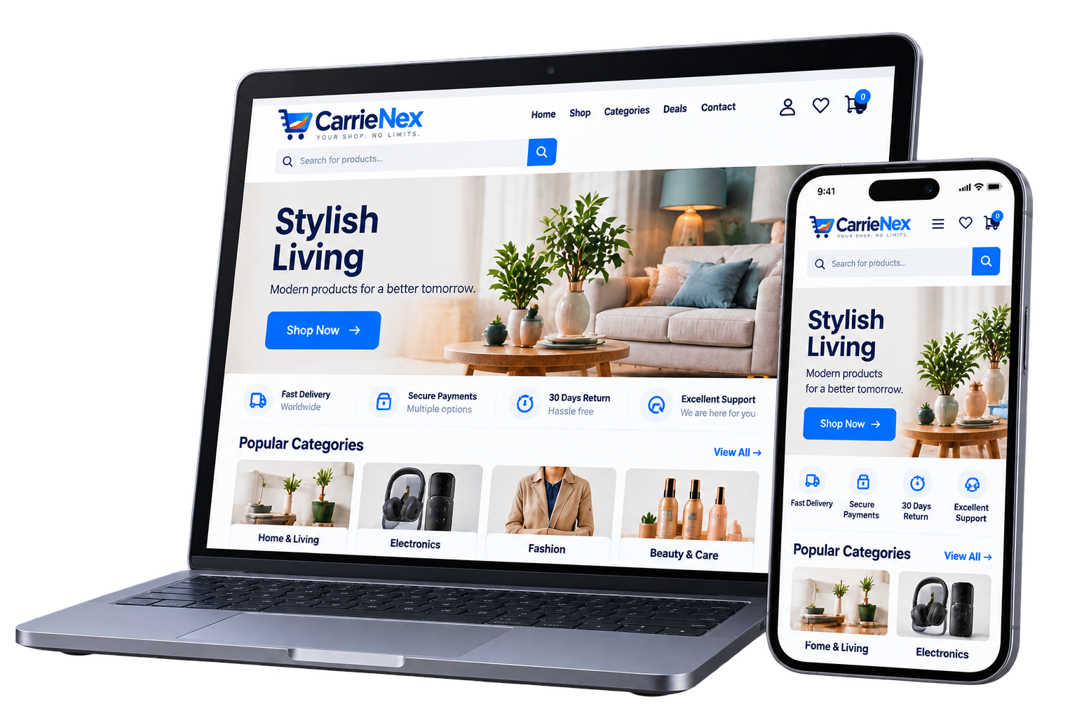 Carrienex webshop displayed on a laptop and smartphone